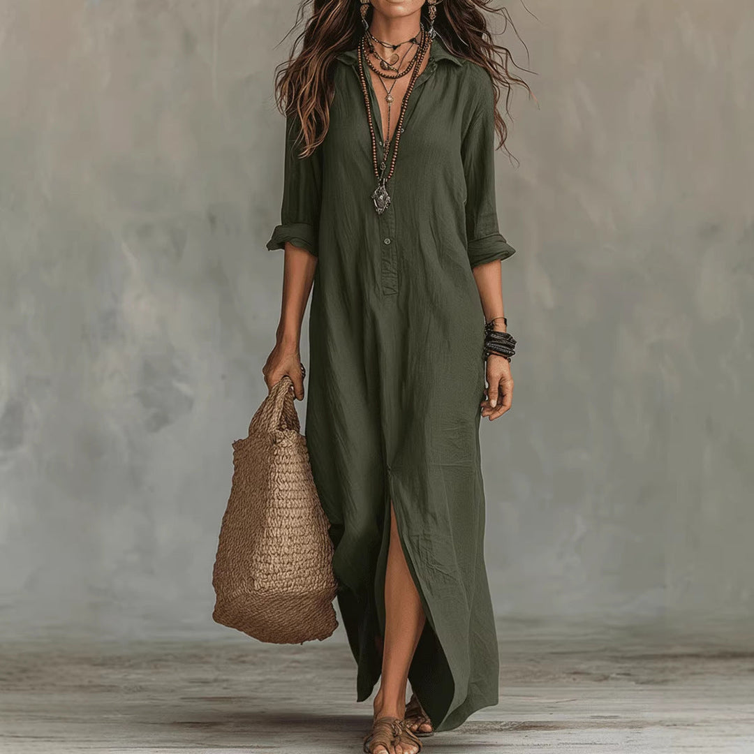 Damen Langes Hemdkleid mit Knopfverschluss und seitlichem Schlitz