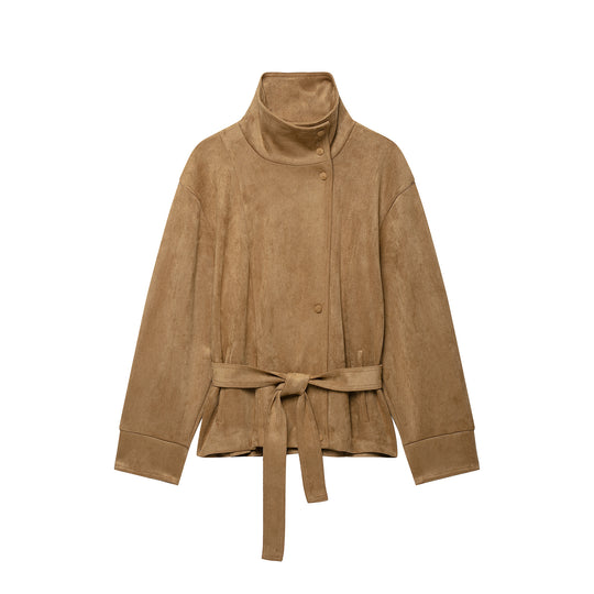 Damen Kurze Velours‑Optik Jacke mit hohem Funnelkragen, Druckknopfleiste und Bindegürtel Nord Taschen