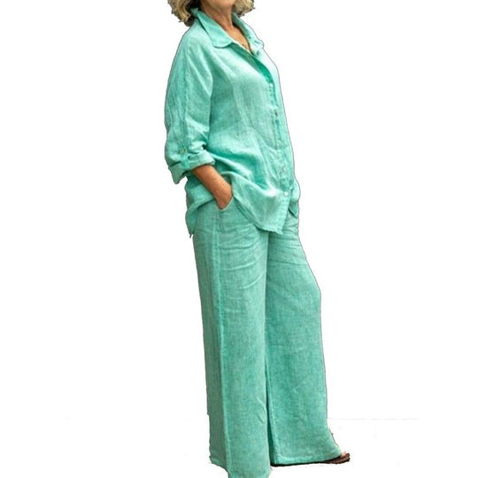 Damen Relaxed-Buttondown-Hemd und High-Waist-Palazzo im Leinenoptik Nord Taschen
