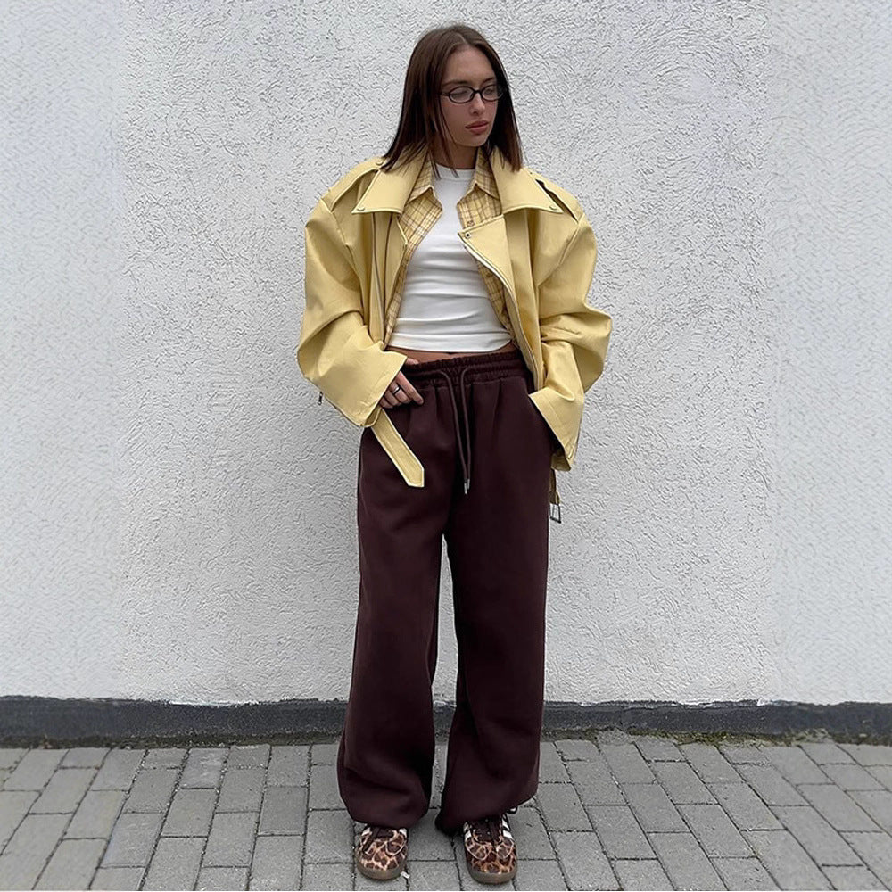 Damen Oversize-Bikerjacke aus veganem Lederimitat mit großem Revers und Taillengürtel Nord Taschen