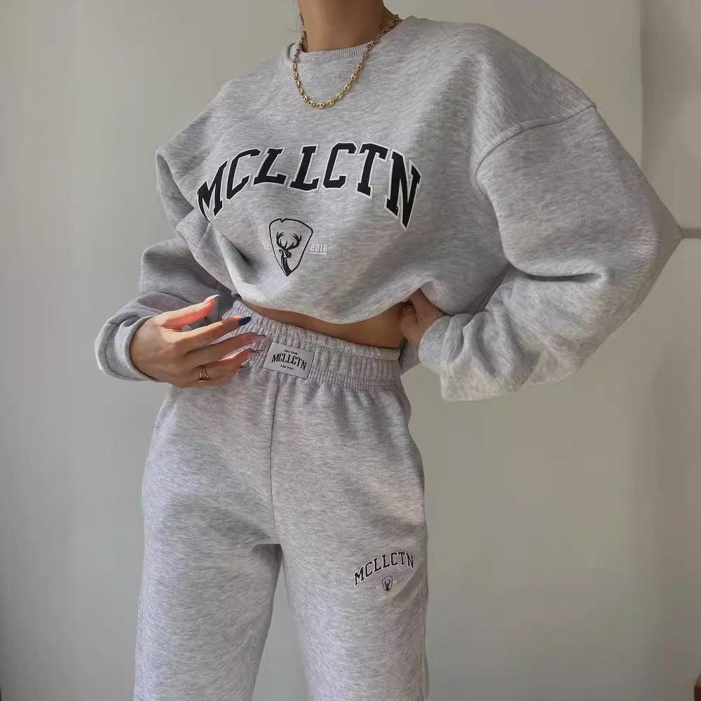 Damen Oversized College-Sweatshirt und High-Waist-Jogger-Set aus French-Terry Nord Taschen