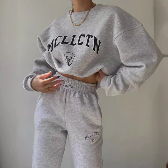 Damen Oversized College-Sweatshirt und High-Waist-Jogger-Set aus French-Terry Nord Taschen