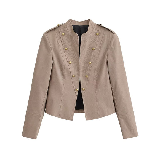 Damen Kurzgeschnittene taillierte Militärjacke mit Stehkragen und Zierknöpfen Nord Taschen