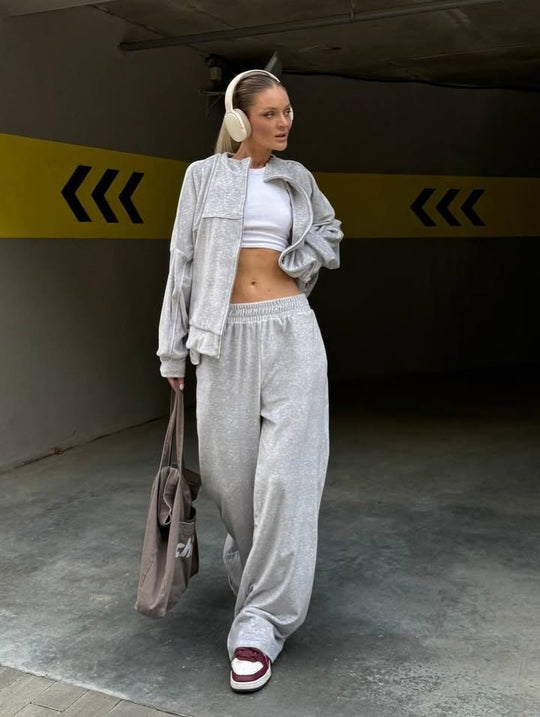Damen moderne Velours-Zweiteiler mit kurzem Stehkragen-Zip und fließender hochgeschnittener Palazzohose Nord Taschen