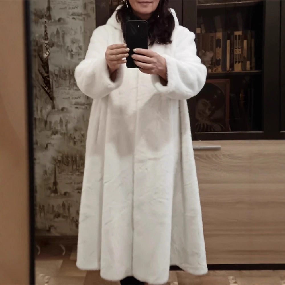 Damen Maxi Kunstfell-Mantel mit Oversize-Schnitt und aufgesetzten Taschen Nord Taschen