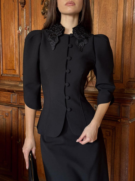 Damen Taillierter Blazer mit besticktem Schalkragen und Puffärmeln Nord Taschen