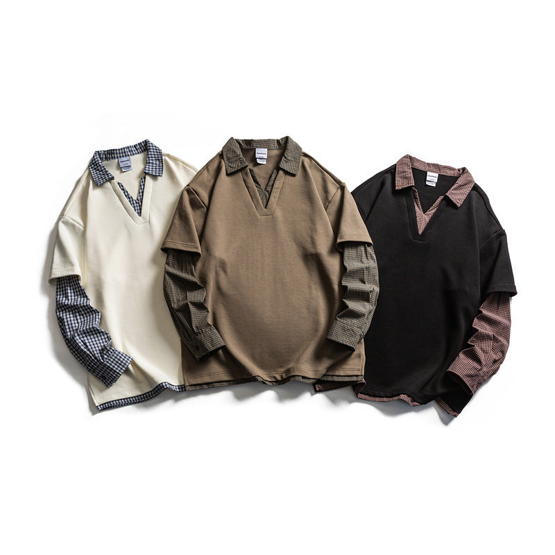 Herren Lagenlook-Pullover mit integriertem Karo-Hemdkragen und eingesetzten Hemdärmeln Nord Taschen