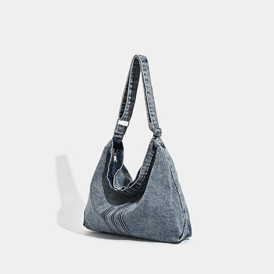 Damen Hobo-Tasche aus strukturiertem Denim mit dekorativem Kordelzug Nord Taschen
