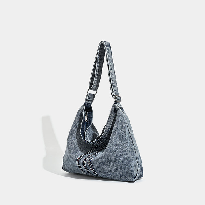 Damen Hobo-Tasche aus strukturiertem Denim mit dekorativem Kordelzug Nord Taschen