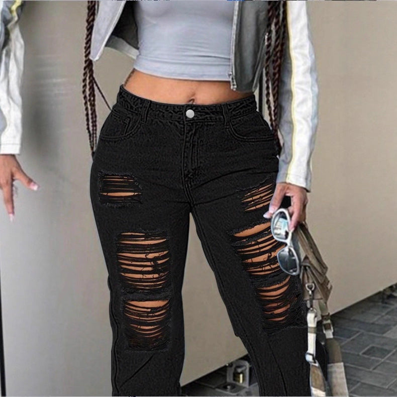 Damen hochgeschnittene weite Denim-Jeans mit ausgeprägten Ripped-Details und lässigem Schnitt Nord Taschen