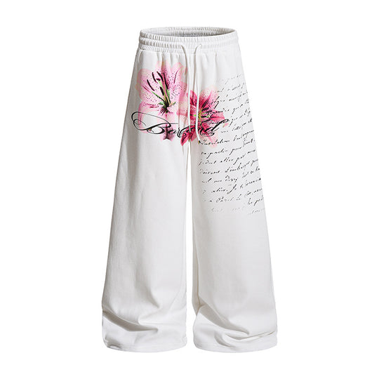 Damen Weite Palazzo-Loungehose im Culotte-Stil mit Komfortbund, Tunnelzug und floraler Printapplikation Nord Taschen