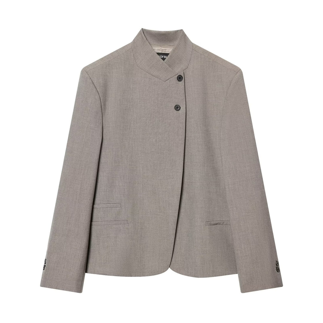 Damen Kurzer taillierter Blazer mit Stehkragen und asymmetrischer Knopfleiste Nord Taschen