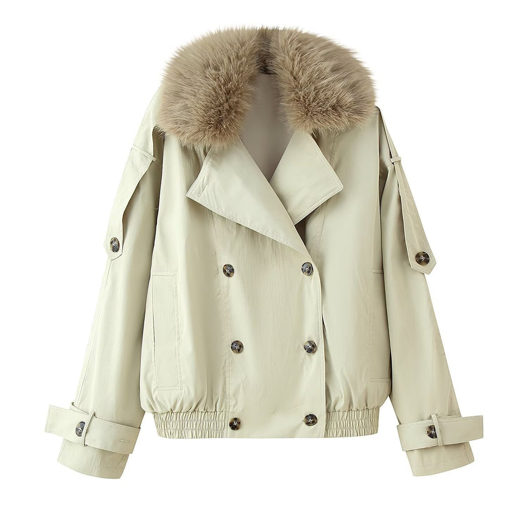 Damen Doppelreiher-Blouson mit abnehmbarem Kunstpelzkragen, Taillenzug und verstellbaren Manschetten Nord Taschen