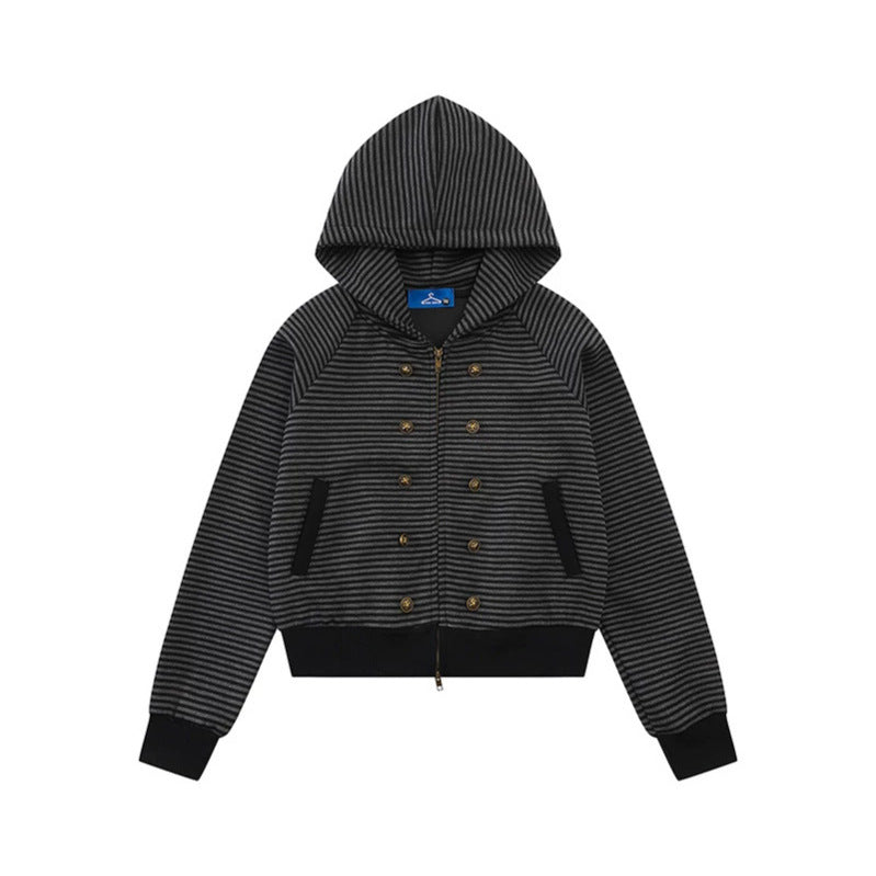 Damen gestreifte Kapuzen-Sweatjacke im Marine‑Look mit Doppelreiher‑Optik und Frontreißverschluss Nord Taschen