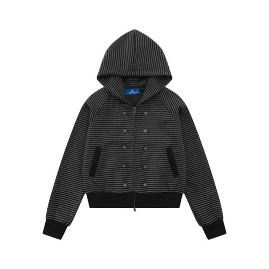 Damen gestreifte Kapuzen-Sweatjacke im Marine‑Look mit Doppelreiher‑Optik und Frontreißverschluss Nord Taschen