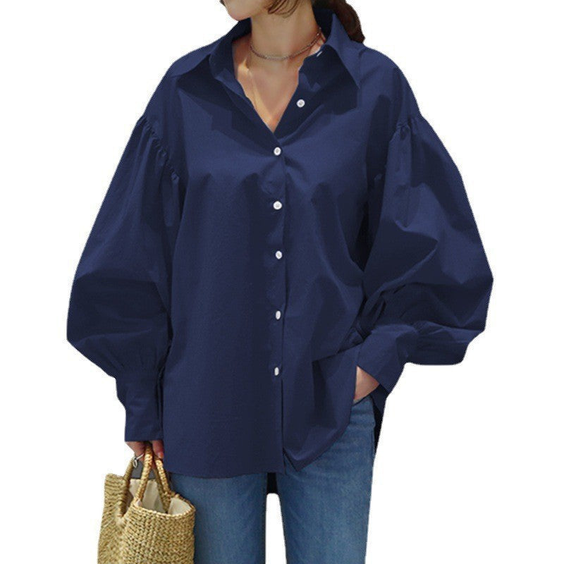 Damen Oversize-Bluse mit Ballonärmeln und Hemdkragen Nord Taschen