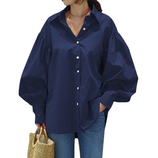 Damen Oversize-Bluse mit Ballonärmeln und Hemdkragen Nord Taschen