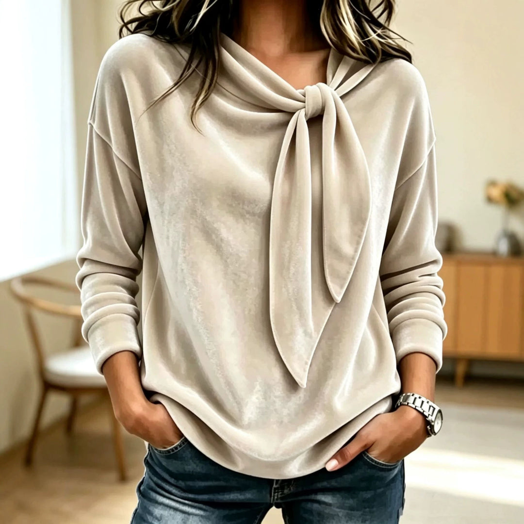 Damen Drapiertes Velours-Sweatshirt mit Knotenschalkragen Nord Taschen