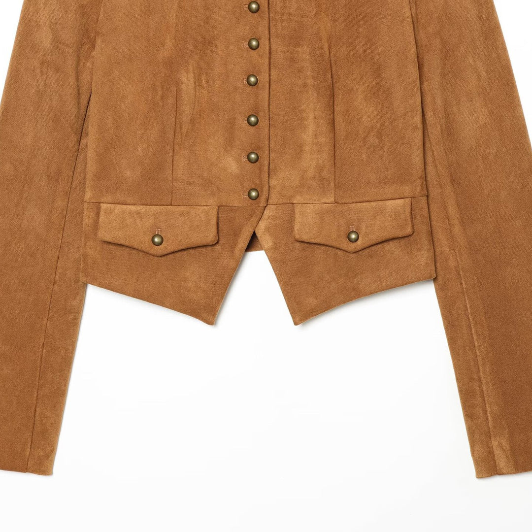 Damen Kurzjacke aus Veloursoptik im Military‑Stil mit Stehkragen und asymmetrischem Saum Nord Taschen