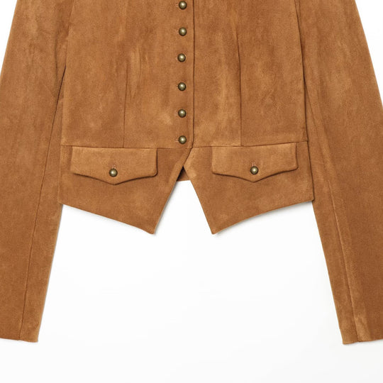 Damen Kurzjacke aus Veloursoptik im Military‑Stil mit Stehkragen und asymmetrischem Saum Nord Taschen