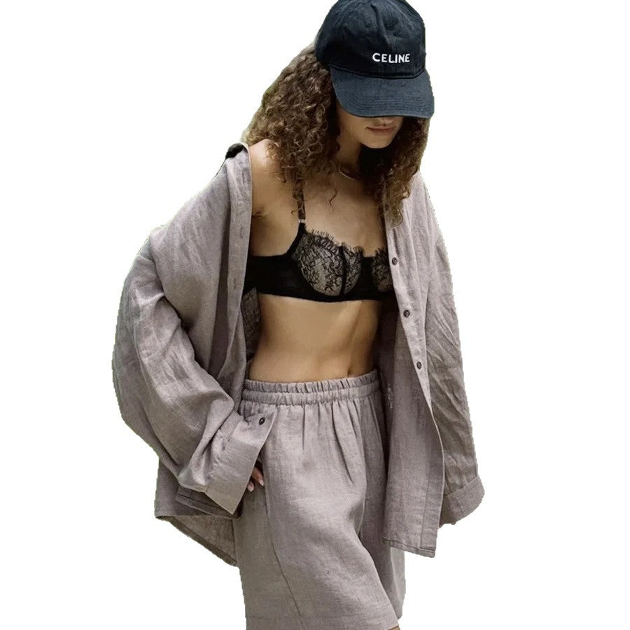Damen lässiges Leinen Set mit lockerer Bluse und Shorts