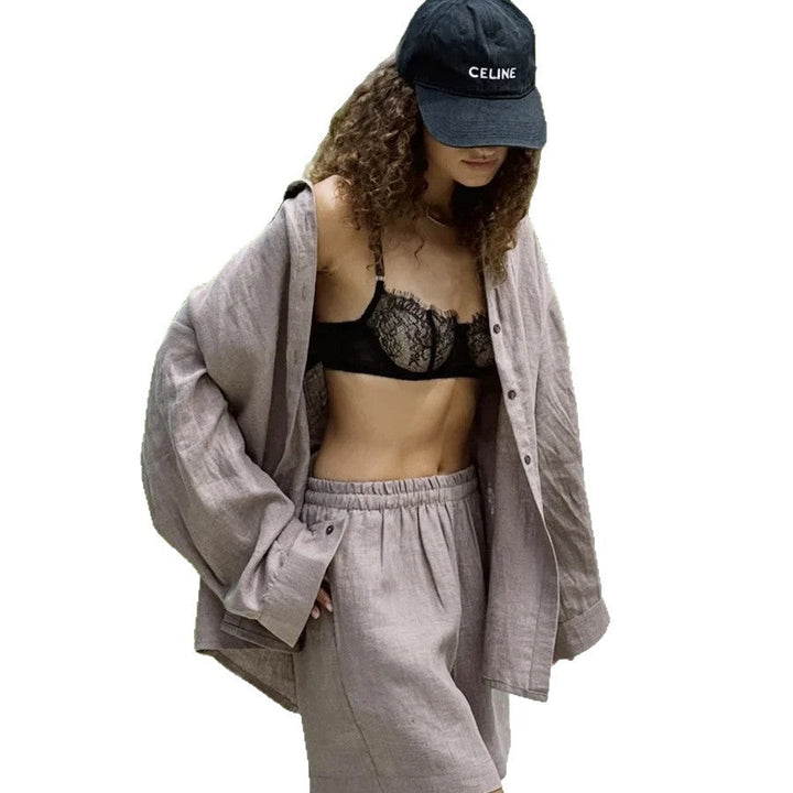 Damen lässiges Leinen Set mit lockerer Bluse und Shorts