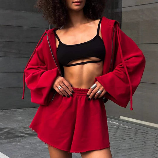 Damen oversized Cropped-Zip-Hoodie mit voluminösen Ballonärmeln und elastischer High‑Waist Loungeboxer-Shorts Nord Taschen