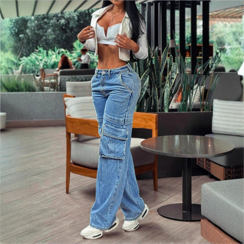 Damen tiefsitzende Wide‑Leg Cargo-Jeans mit XXL-Klappentaschen Nord Taschen