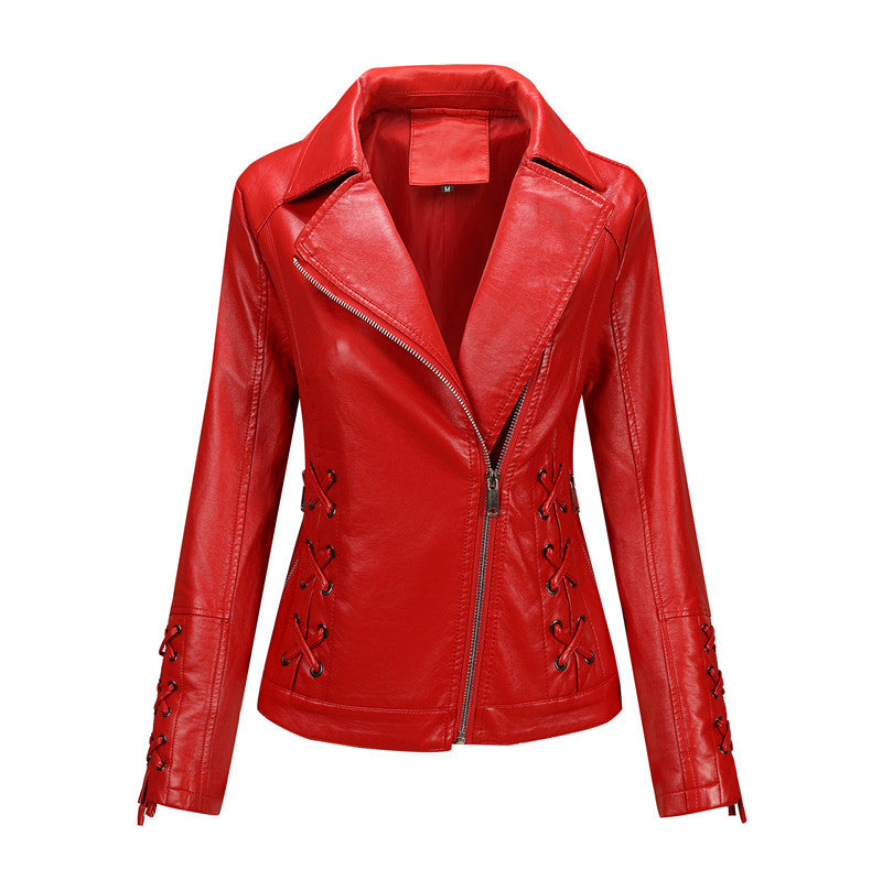 Damen Taillierte Bikerjacke aus Kunstleder mit seitlicher Schnürung und asymmetrischem Reißverschluss Nord Taschen