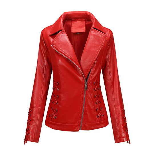 Damen Taillierte Bikerjacke aus Kunstleder mit seitlicher Schnürung und asymmetrischem Reißverschluss Nord Taschen