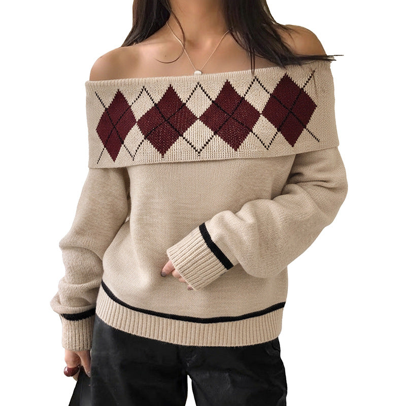 Damen Schulterfreier Oversize-Strickpullover mit umgeschlagenem Kragen und Rautenmuster Nord Taschen