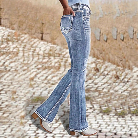 Damen enge High-Waist Skinny-Jeans mit sichtbarer Kontrastnaht Nord Taschen