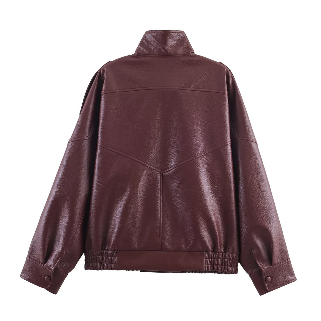 Damen 3400+ Cropped Kunstleder‑Blouson mit asymmetrischer Druckknopfleiste, hohem Stehkragen und elastischem Saum Nord Taschen