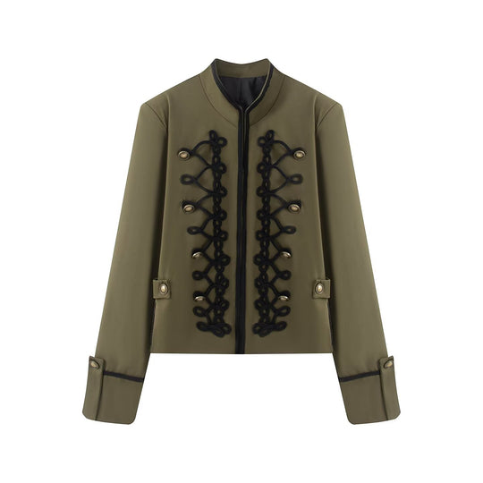 Damen Kurzjacke im Militärestil mit Stehkragen Kordverzierung und Zierknöpfen Nord Taschen