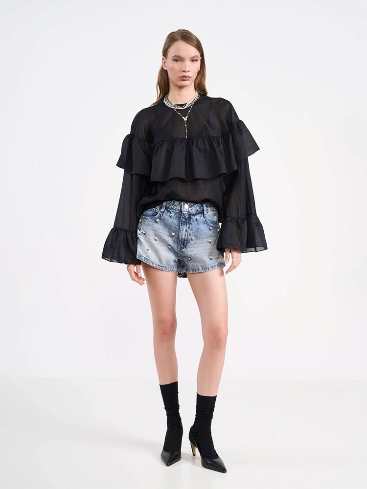 Damen Transparente Volantbluse mit doppelter Rüsche und Glockenärmeln Nord Taschen