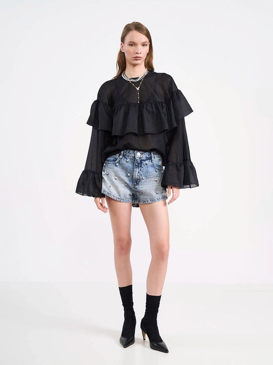 Damen Transparente Volantbluse mit doppelter Rüsche und Glockenärmeln Nord Taschen