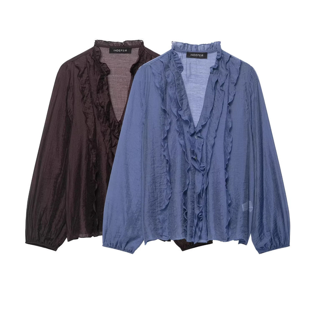 Damen Transparente Crinkle-Bluse mit Volantkragen, Rüschenfront und Ballonärmeln Nord Taschen