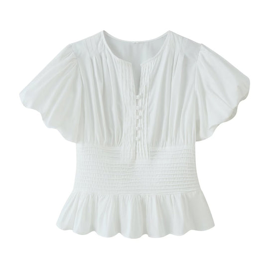Damen Romantische Bluse mit Puffärmeln, Kellerfalten‑Blende und gesmokter Taille Nord Taschen