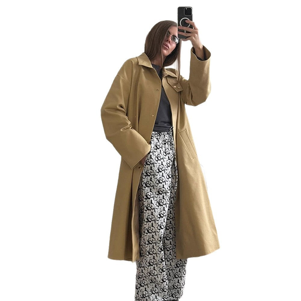 Damen Maxilanger Oversize-Trenchcoat mit Stehkragen und verdeckter Druckknopfleiste Nord Taschen