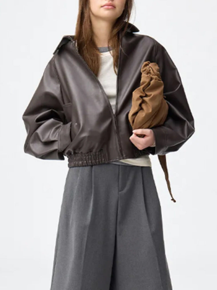 Damen Boxy-Cropped Kunstlederjacke mit verdecktem Reißverschluss und elastischem Saum Nord Taschen