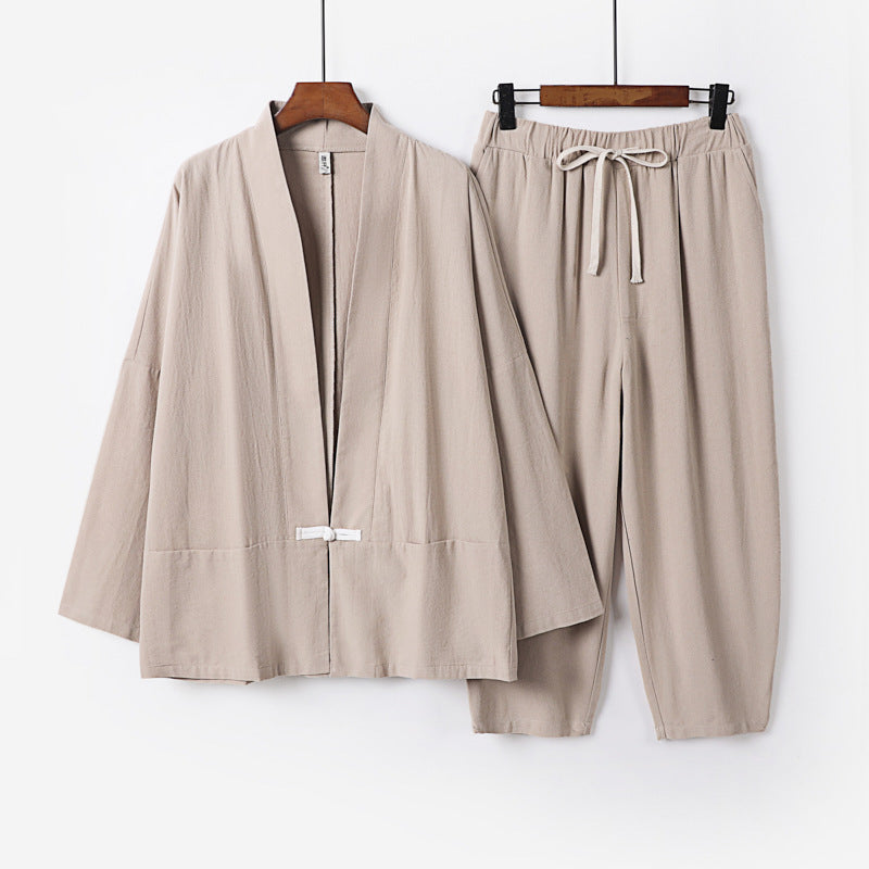 Unisex Lässiges Kimono-Loungewear-Set aus leichtem Leinenmix mit Kordelbundhose Nord Taschen