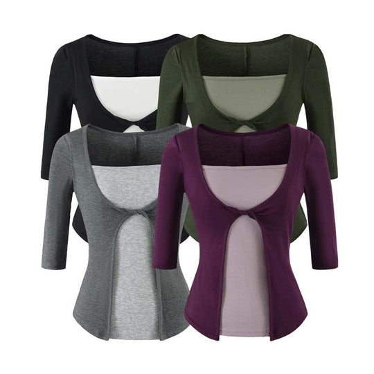 Damen Lagen‑Look Shirt mit Knotenfront, Dreiviertelärmel und integriertem Untertop Nord Taschen