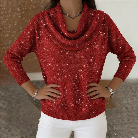 Damen Glitzernder Strickpullover mit Wasserfall-Ausschnitt Nord Taschen