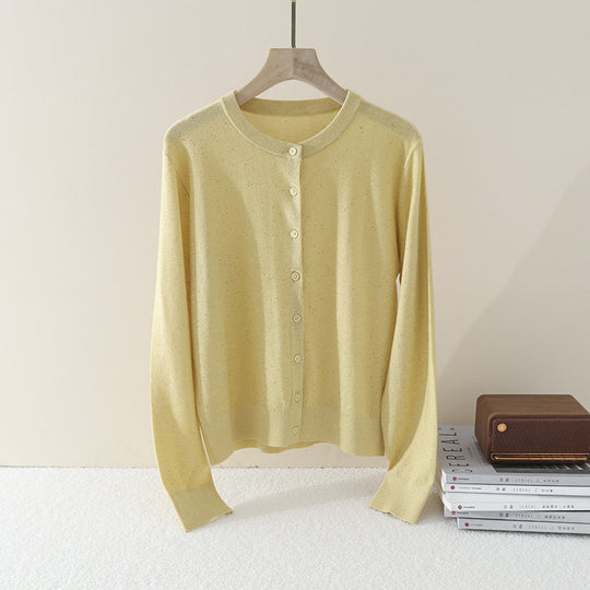 Damen Feiner Rundhals-Cardigan aus leichtem Feinstrick mit Perlmuttknopfleiste und dezentem Glitzereffekt Nord Taschen