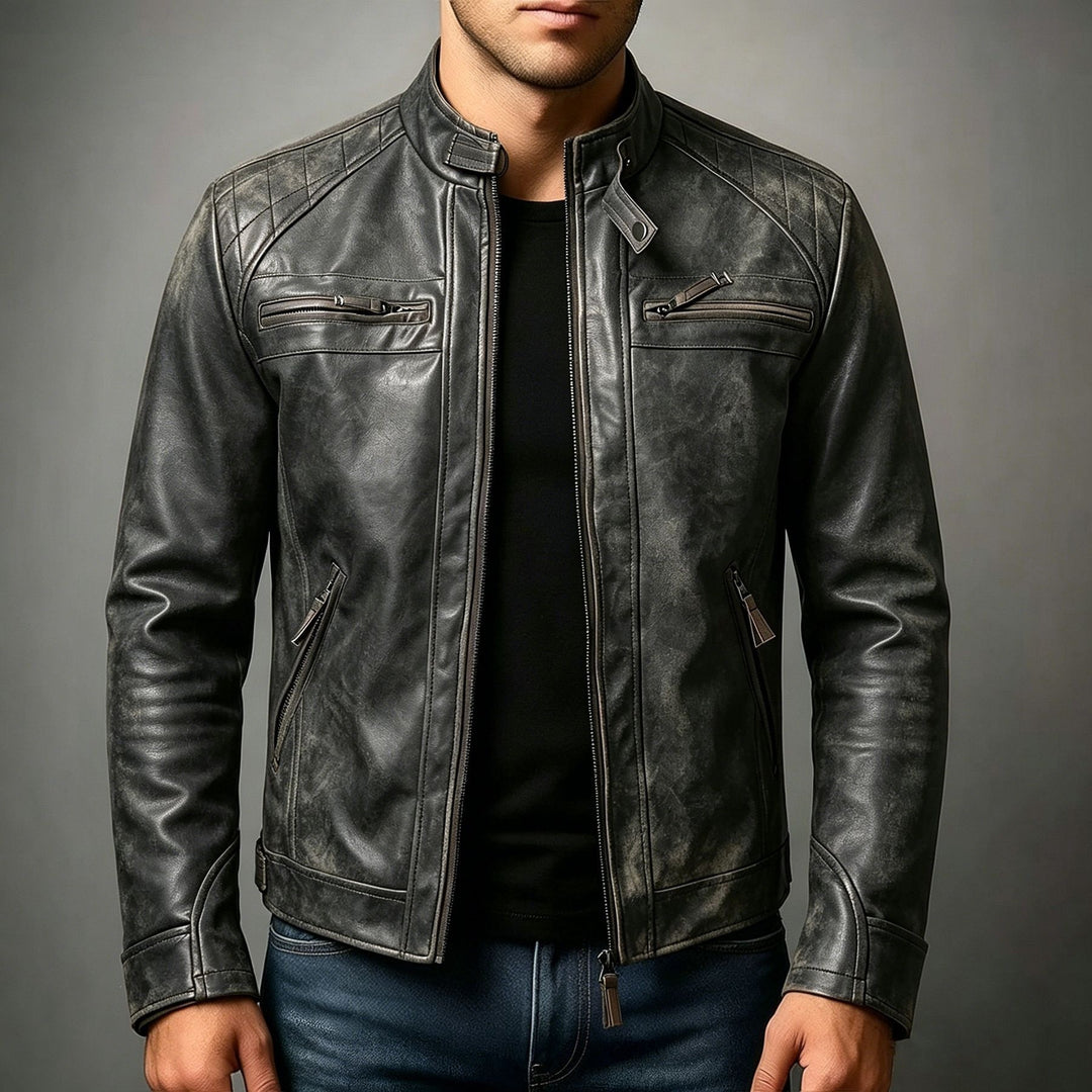 Herren Biker-inspirierte Kunstlederjacke mit Stehkragen, gesteppter Schulterpartie und Reißverschlusstaschen Nord Taschen