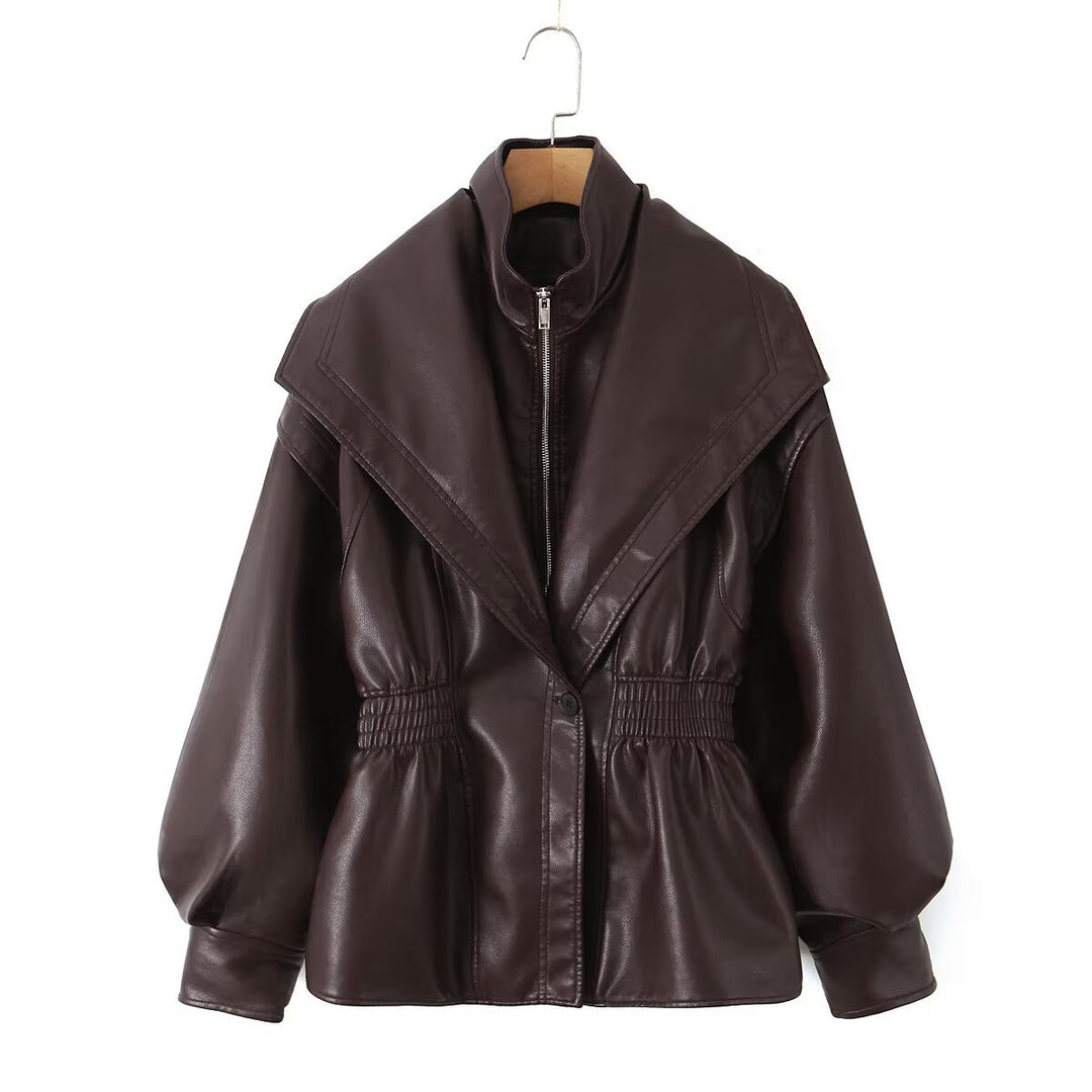 Damen Kunstlederjacke mit XXL-Schalkragen, Taillengummierung und Ballonärmeln Nord Taschen
