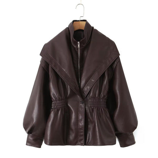 Damen Kunstlederjacke mit XXL-Schalkragen, Taillengummierung und Ballonärmeln Nord Taschen