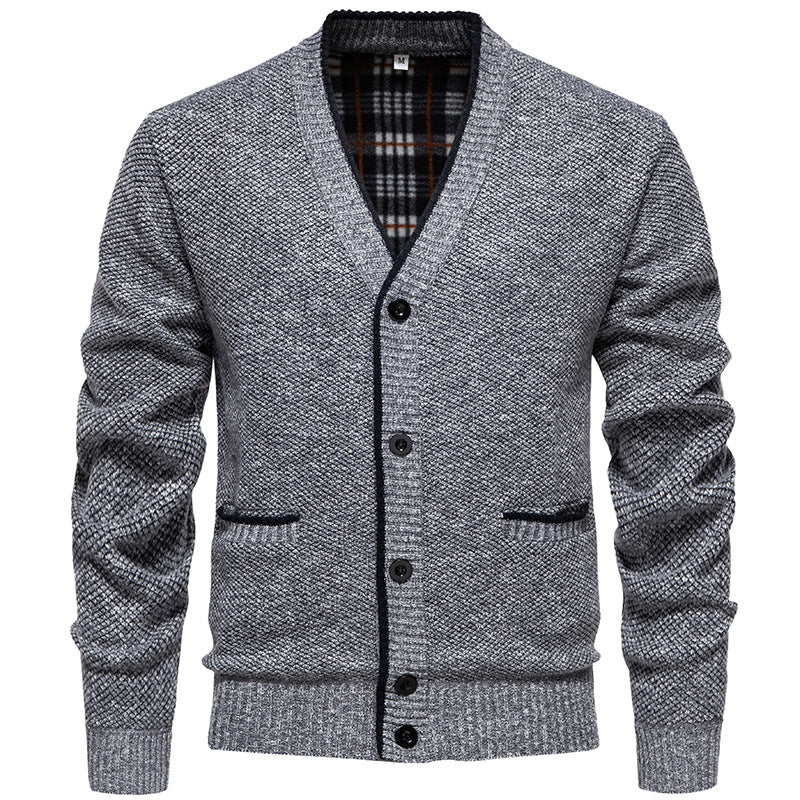 Herren Strukturierter V-Ausschnitt Strickcardigan mit kontrastierter Kante und kariertem Innenbesatz Nord Taschen