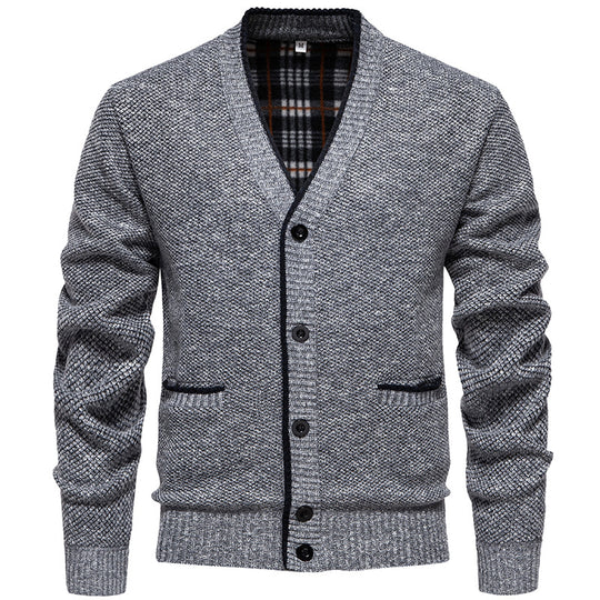 Herren Strukturierter V-Ausschnitt Strickcardigan mit kontrastierter Kante und kariertem Innenbesatz Nord Taschen