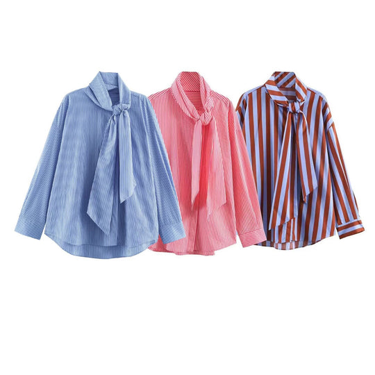 Damen Gestreifte Bluse mit Schleifenkragen und Oversize-Schnitt Nord Taschen